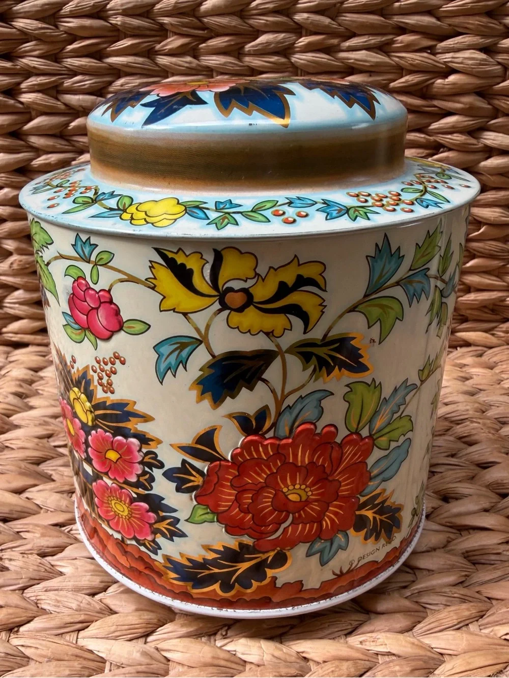 Vintage 70’s DAHER England Floral Tin Canister Embossed Flowers Folk Art Storage